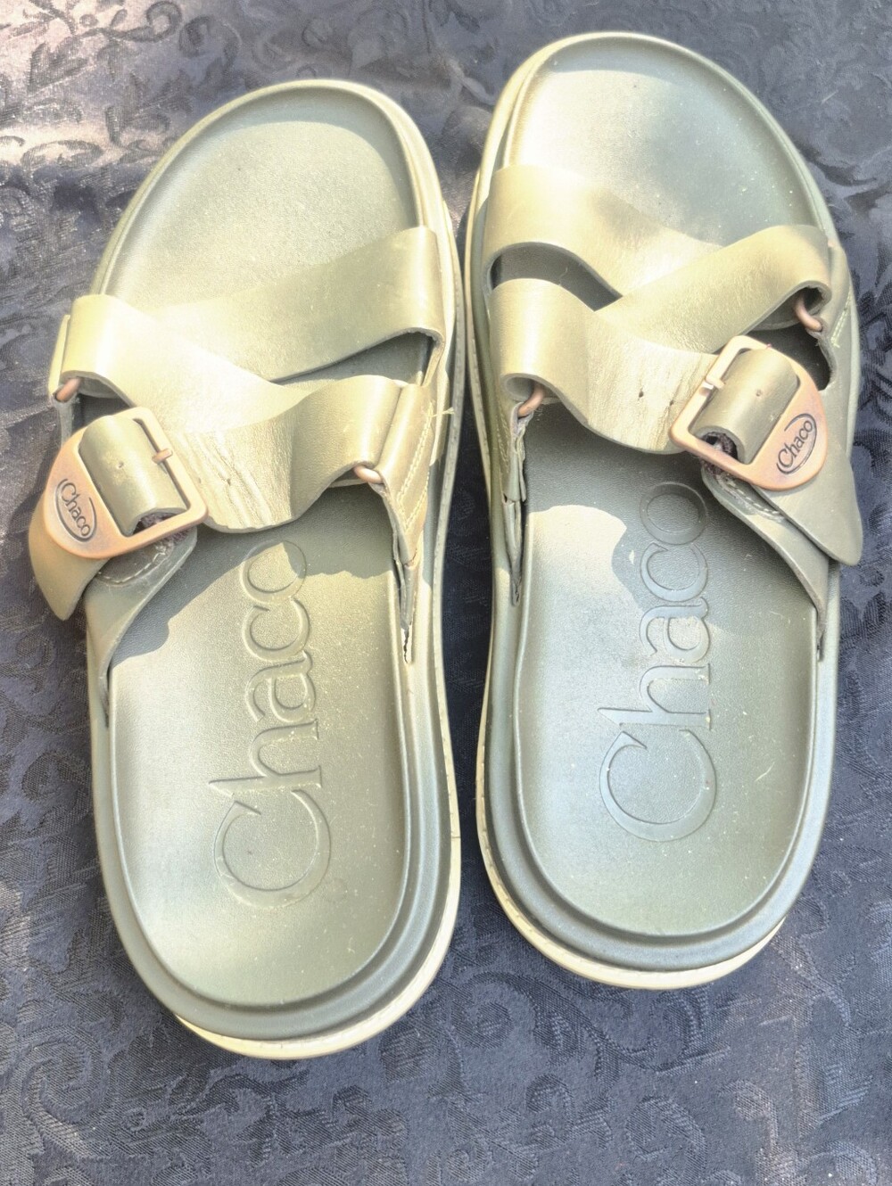 Chaco Women's Olive Green Strappy Slide Sandal with Copper Buckle